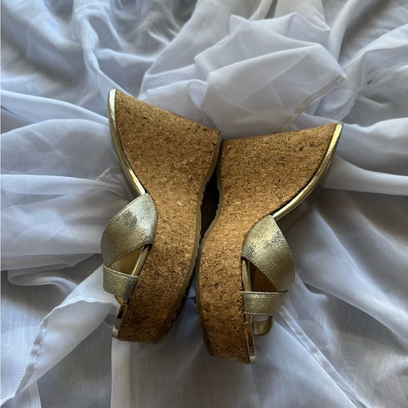 Jimmy Choo Gold Patent Leather Prima Cork Wedge Platform Sandals - Picture 3 of 7